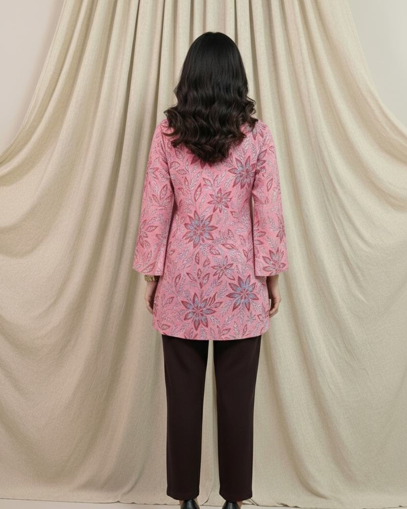 Person wearing a pink floral coat against a beige curtain backdrop