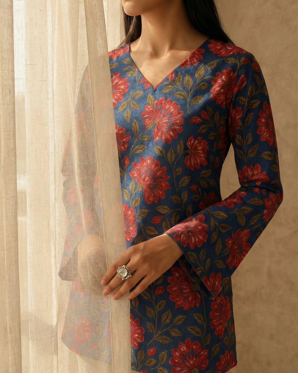 Woman wearing a floral long-sleeve top with a neutral background