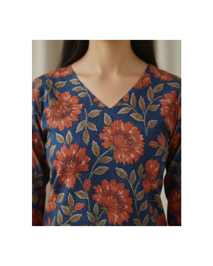 Close-up of a floral-patterned garment with red flowers on a blue background.