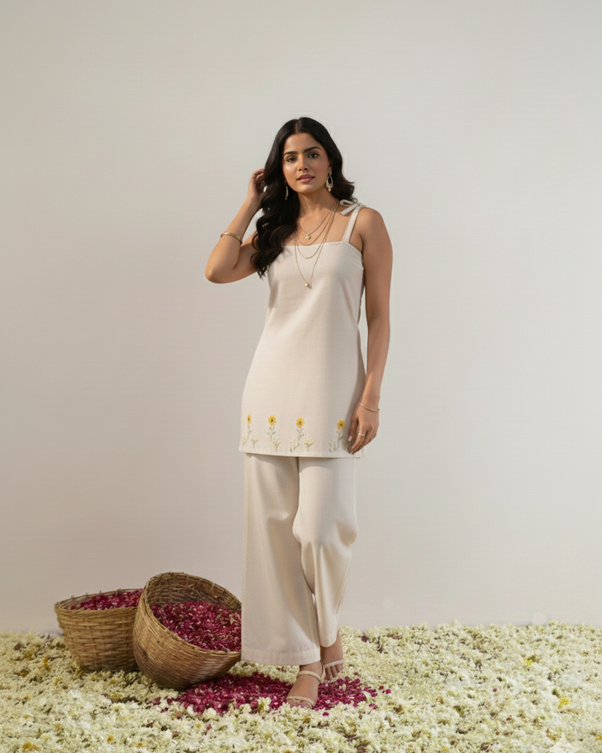 Woman in a white outfit standing on a floral ground with a basket of flowers.